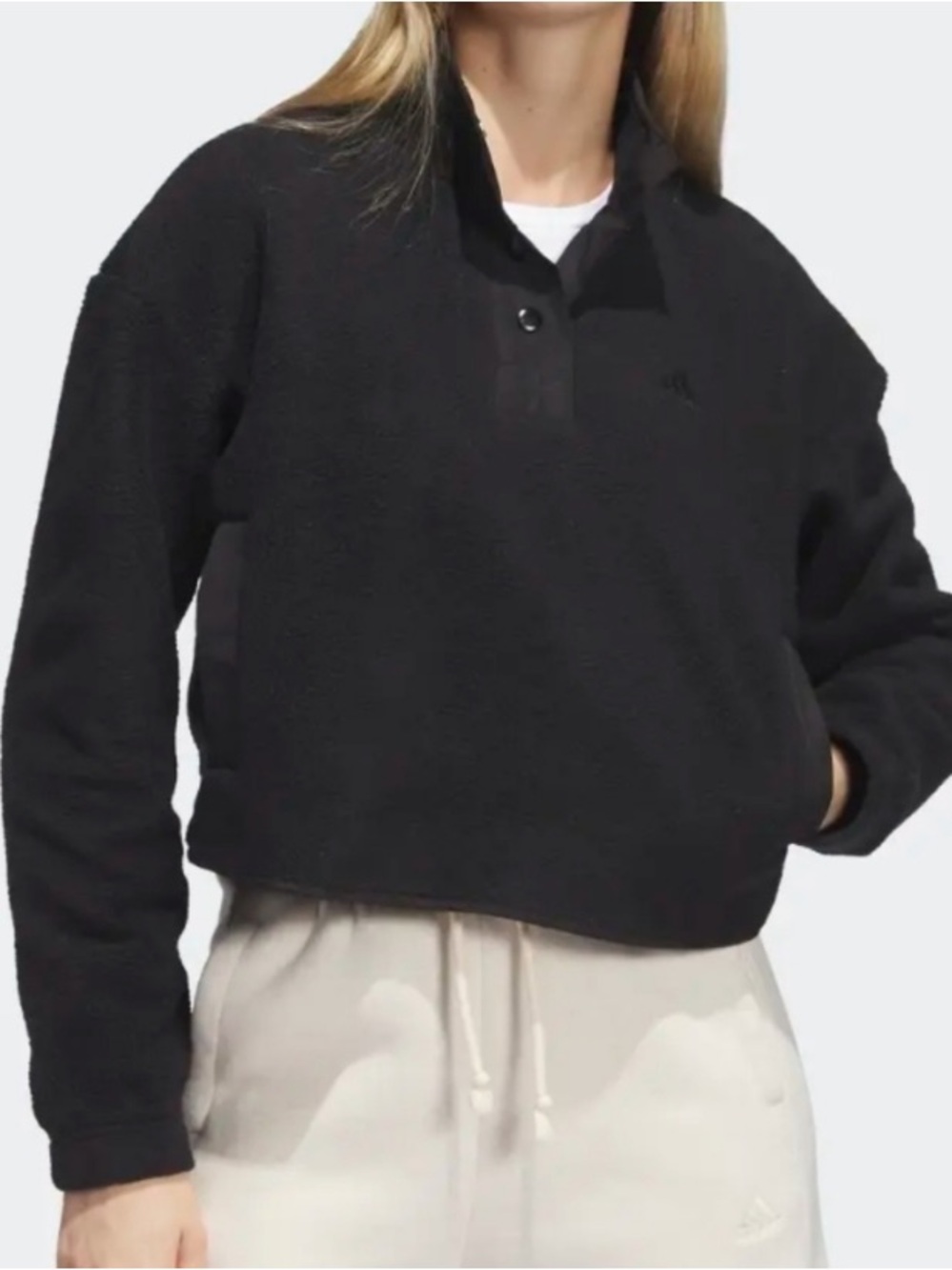 Adidas Polar Fleece Half Snap Cropped Pullover Black Teddy Jacket M